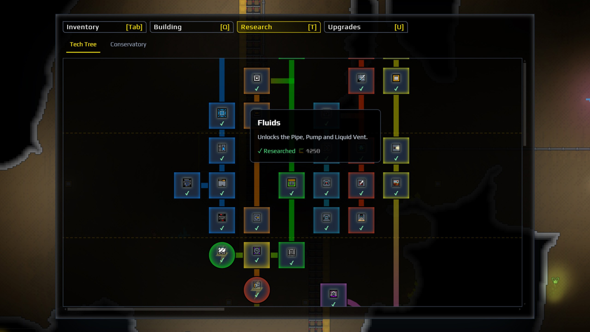 The Sandustry research panel showing connected unlock tiers